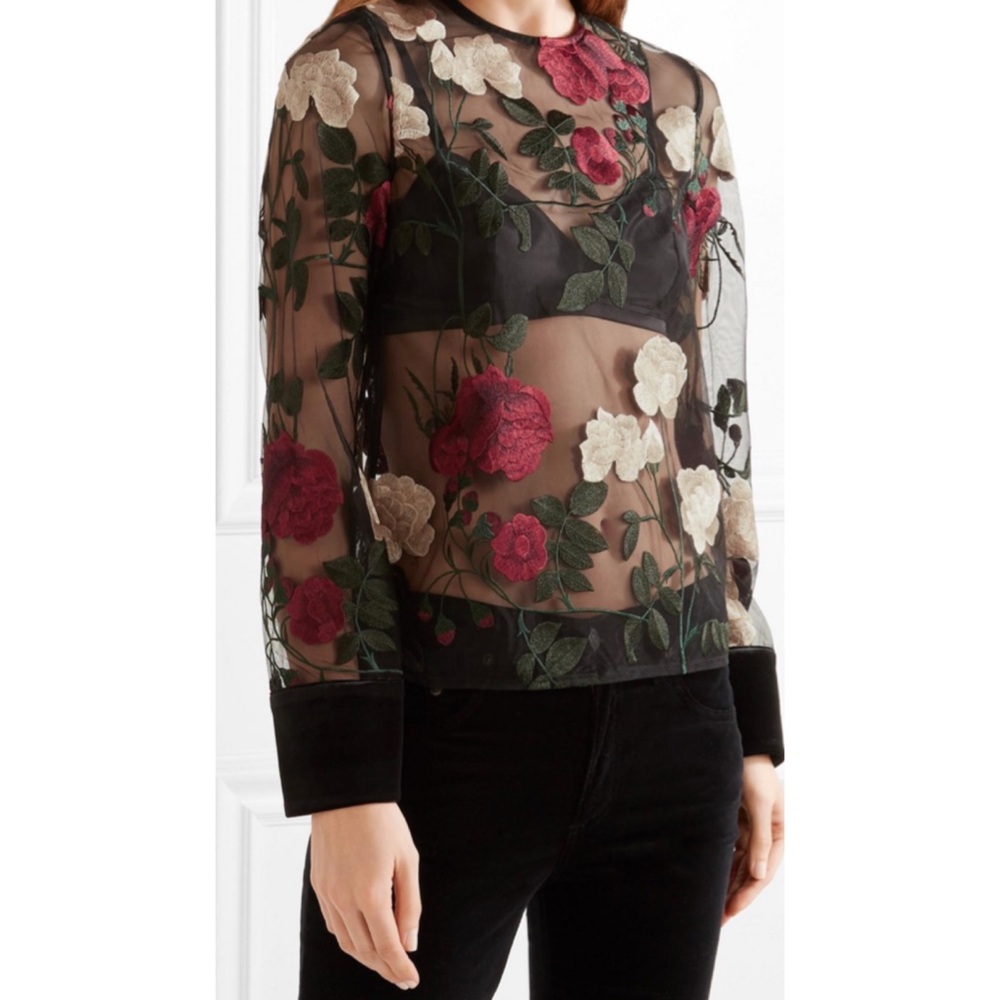 Ganni Black Simmons Velvet-trimmed Embroidered Tulle Top